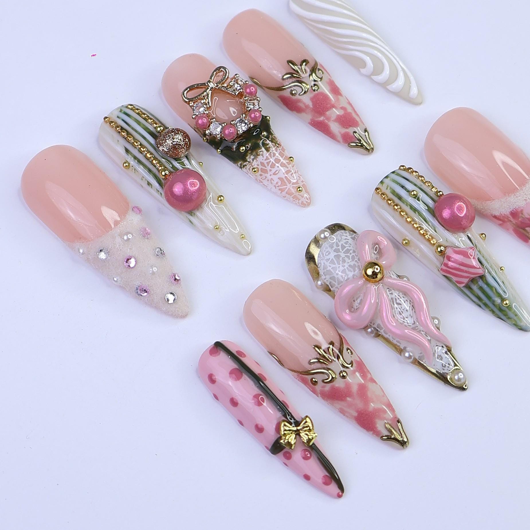 Christmas Press On Nails with Pink Wreath, Bow & Pearl Accents | Long Almond Fake Nails | Handmade Holiday Nail Art for Gifts or Parties