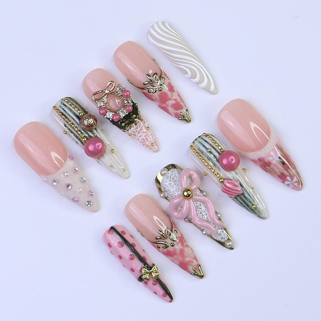 Christmas Press On Nails with Pink Wreath, Bow & Pearl Accents | Long Almond Fake Nails | Handmade Holiday Nail Art for Gifts or Parties