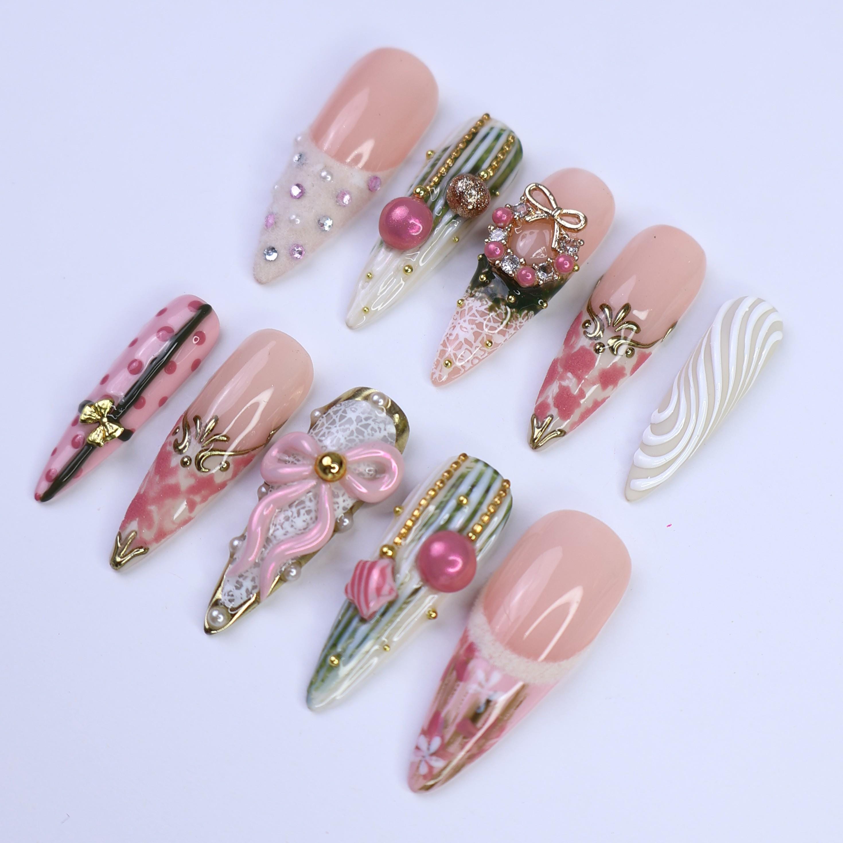 Christmas Press On Nails with Pink Wreath, Bow & Pearl Accents | Long Almond Fake Nails | Handmade Holiday Nail Art for Gifts or Parties