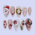 Festive Medium Almond Press-On Nails: Santa Claus, Wreath, Snowflakes & Candy Designs - Perfect for Christmas Day Gifts