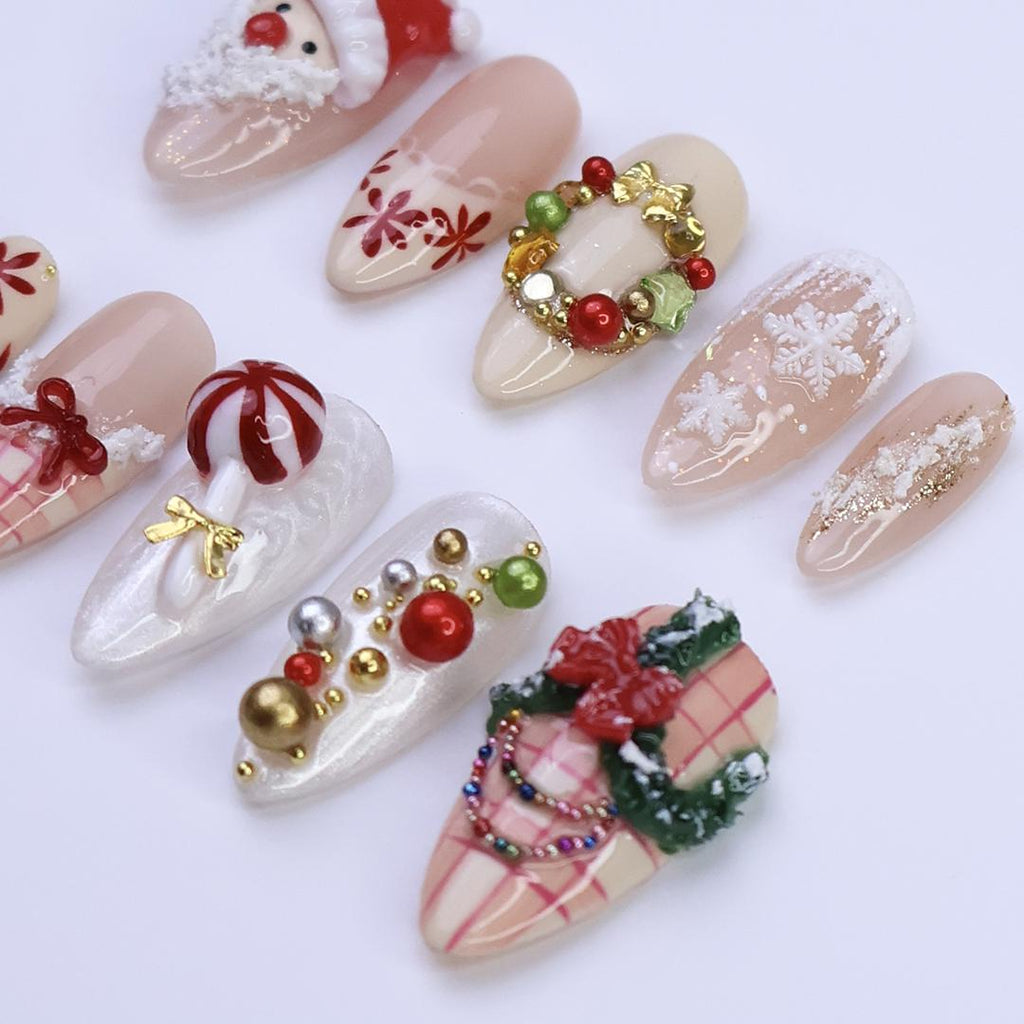 Festive Medium Almond Press-On Nails: Santa Claus, Wreath, Snowflakes & Candy Designs - Perfect for Christmas Day Gifts