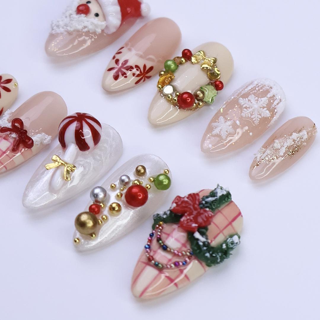 Festive Medium Almond Press-On Nails: Santa Claus, Wreath, Snowflakes & Candy Designs - Perfect for Christmas Day Gifts