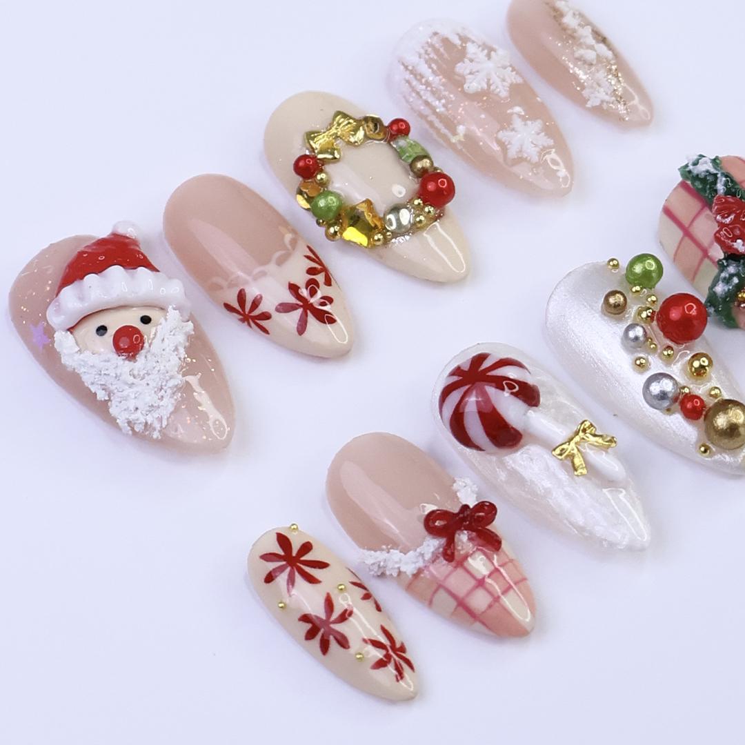 Festive Medium Almond Press-On Nails: Santa Claus, Wreath, Snowflakes & Candy Designs - Perfect for Christmas Day Gifts