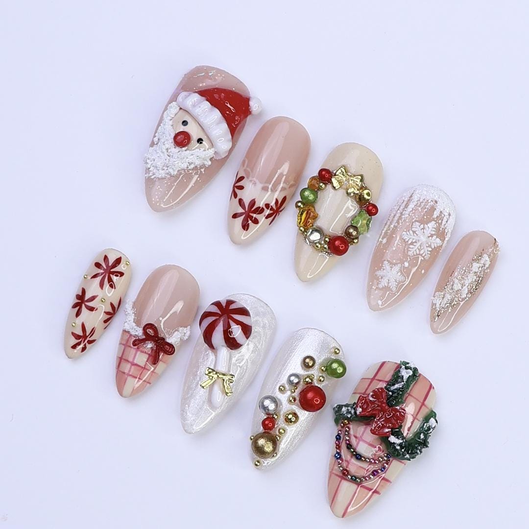 Festive Medium Almond Press-On Nails: Santa Claus, Wreath, Snowflakes & Candy Designs - Perfect for Christmas Day Gifts