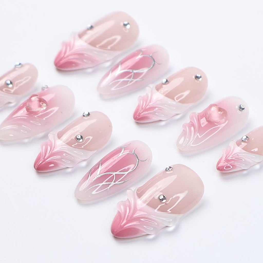 Pink Valentine Press On Nails | 3D Sculpted Heart & Chrome Line Art | Nude Ombre Fake Nails in Medium Almond | Reusable Handmade Nail Set
