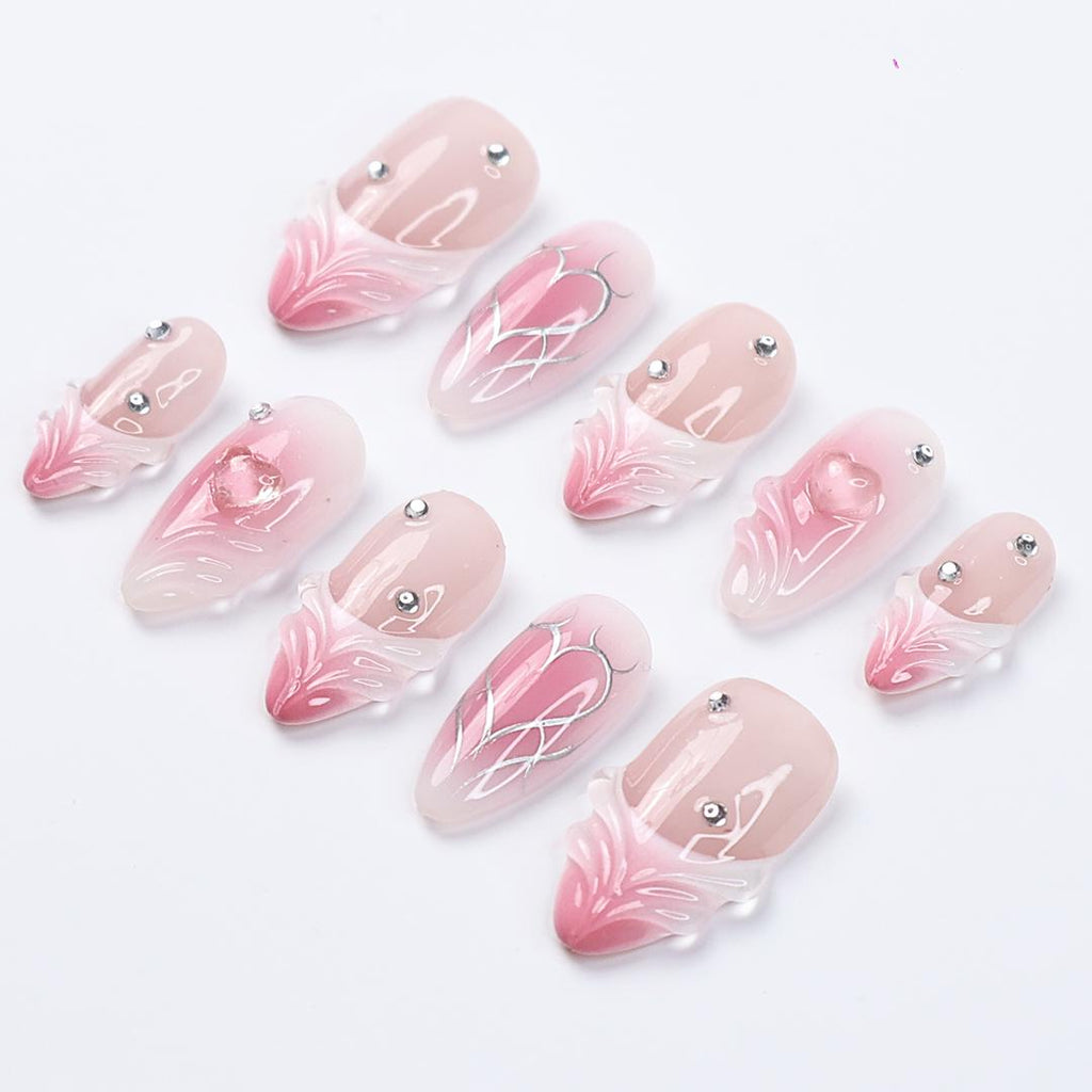 Pink Valentine Press On Nails | 3D Sculpted Heart & Chrome Line Art | Nude Ombre Fake Nails in Medium Almond | Reusable Handmade Nail Set