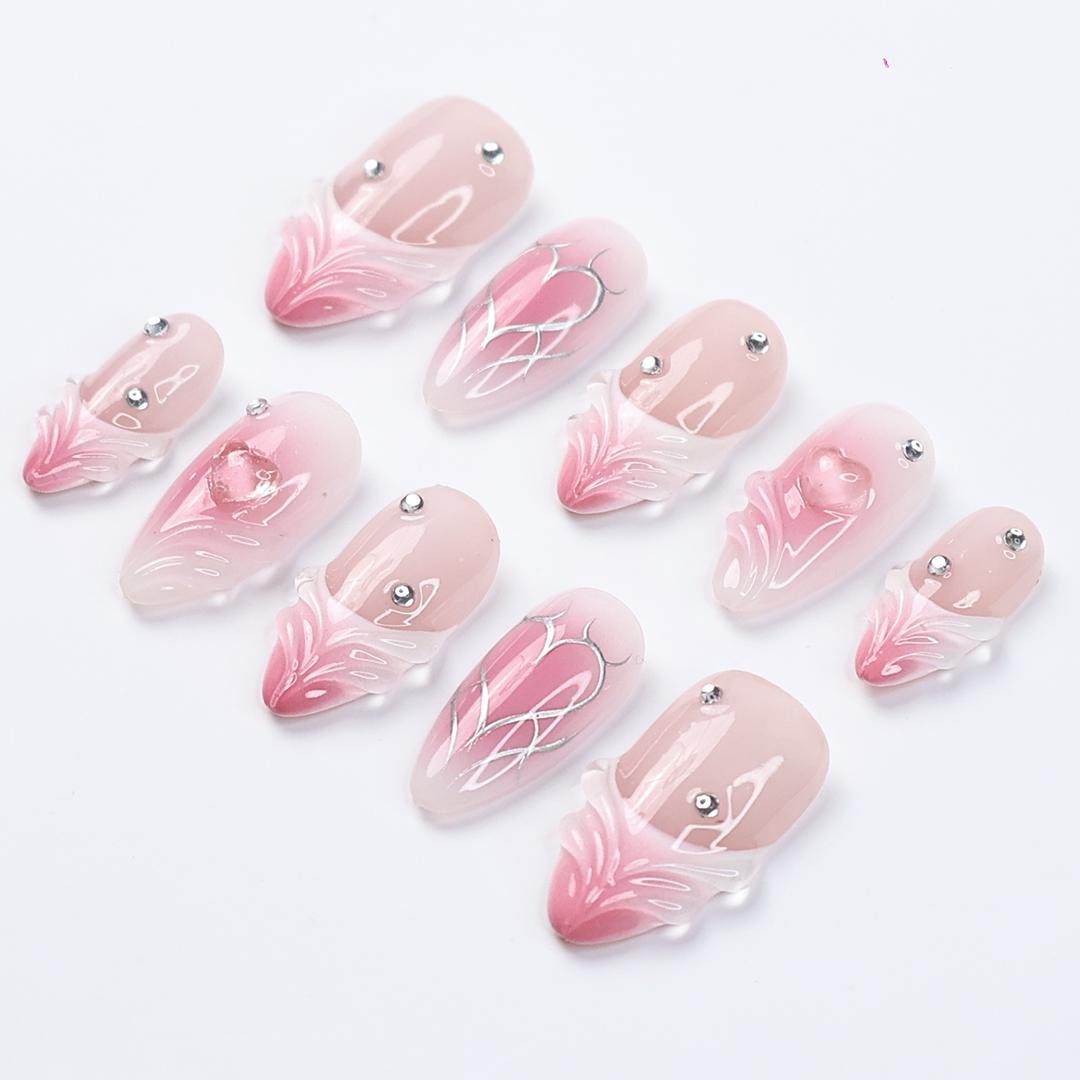 Pink Valentine Press On Nails | 3D Sculpted Heart & Chrome Line Art | Nude Ombre Fake Nails in Medium Almond | Reusable Handmade Nail Set