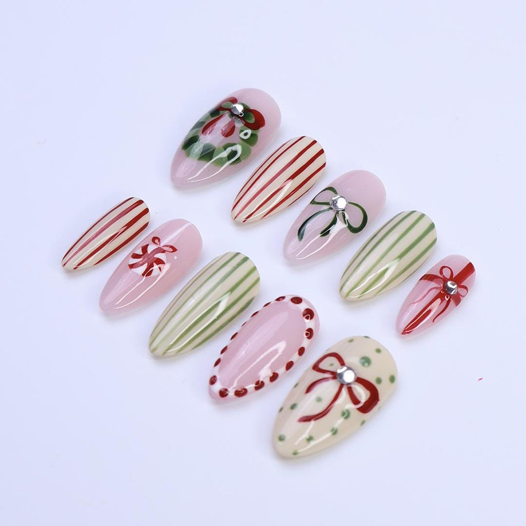 Christmas Press-On Nails with Wreath, Candy Stripes & Bow Designs | Medium Almond Fake Nails | Handmade Nail Art for Everyday Wear or Gift