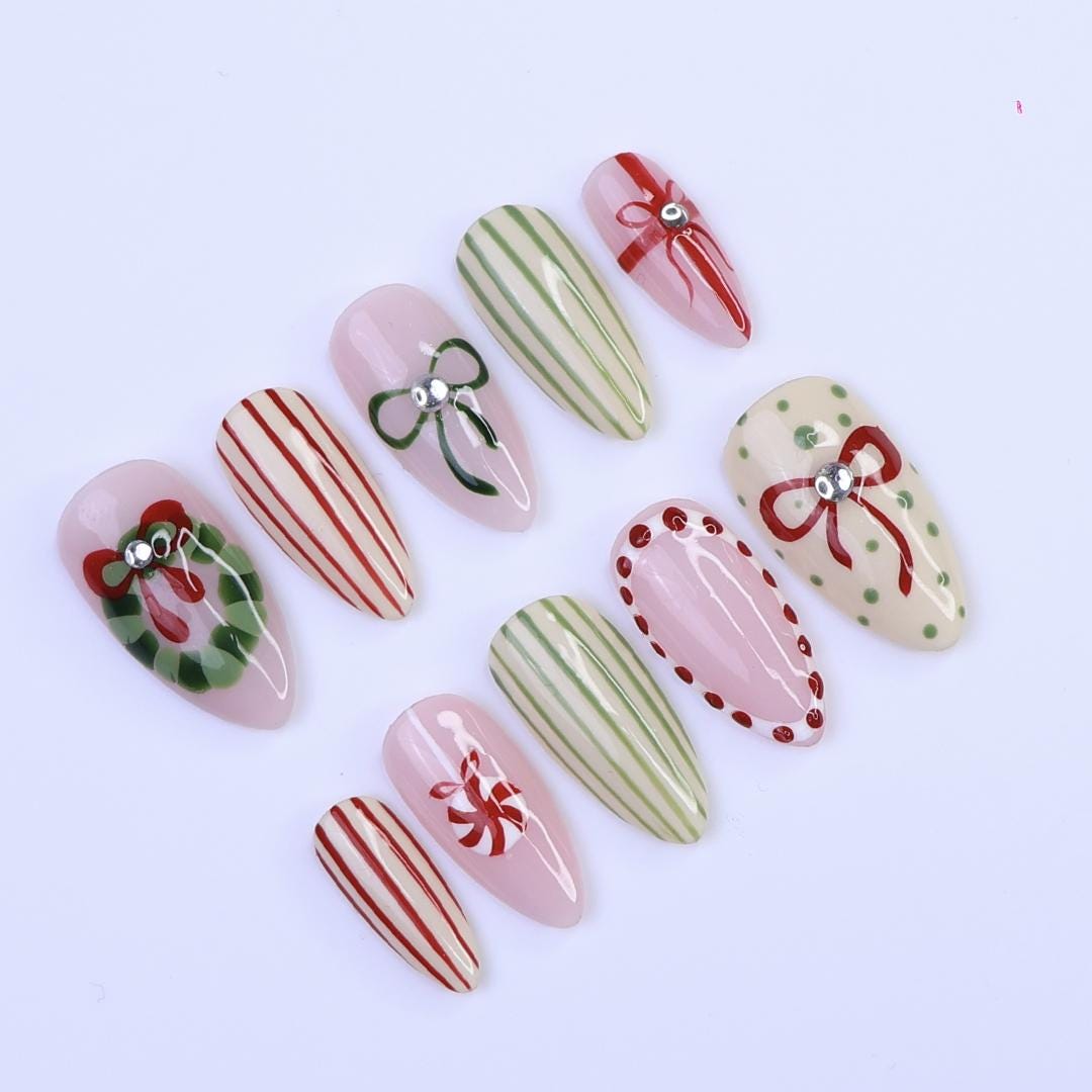 Christmas Press-On Nails with Wreath, Candy Stripes & Bow Designs | Medium Almond Fake Nails | Handmade Nail Art for Everyday Wear or Gift