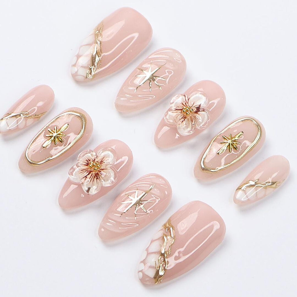Nude Press On Nails | Gold Floral & Celestial Nails, 3D Flower Almond Fake Nails | Handmade Reusable Luxury Nail Set