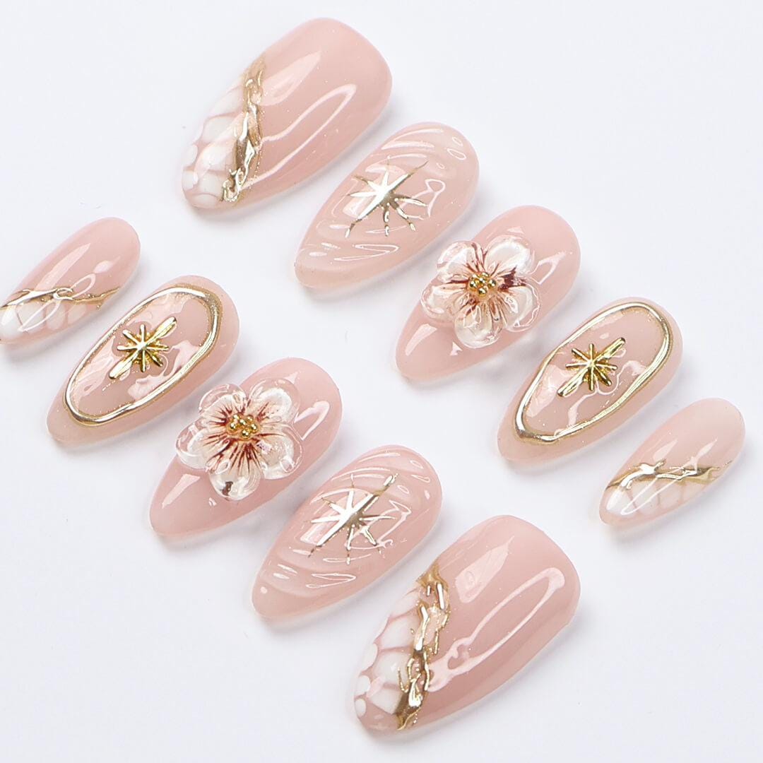 Nude Press On Nails | Gold Floral & Celestial Nails, 3D Flower Almond Fake Nails | Handmade Reusable Luxury Nail Set