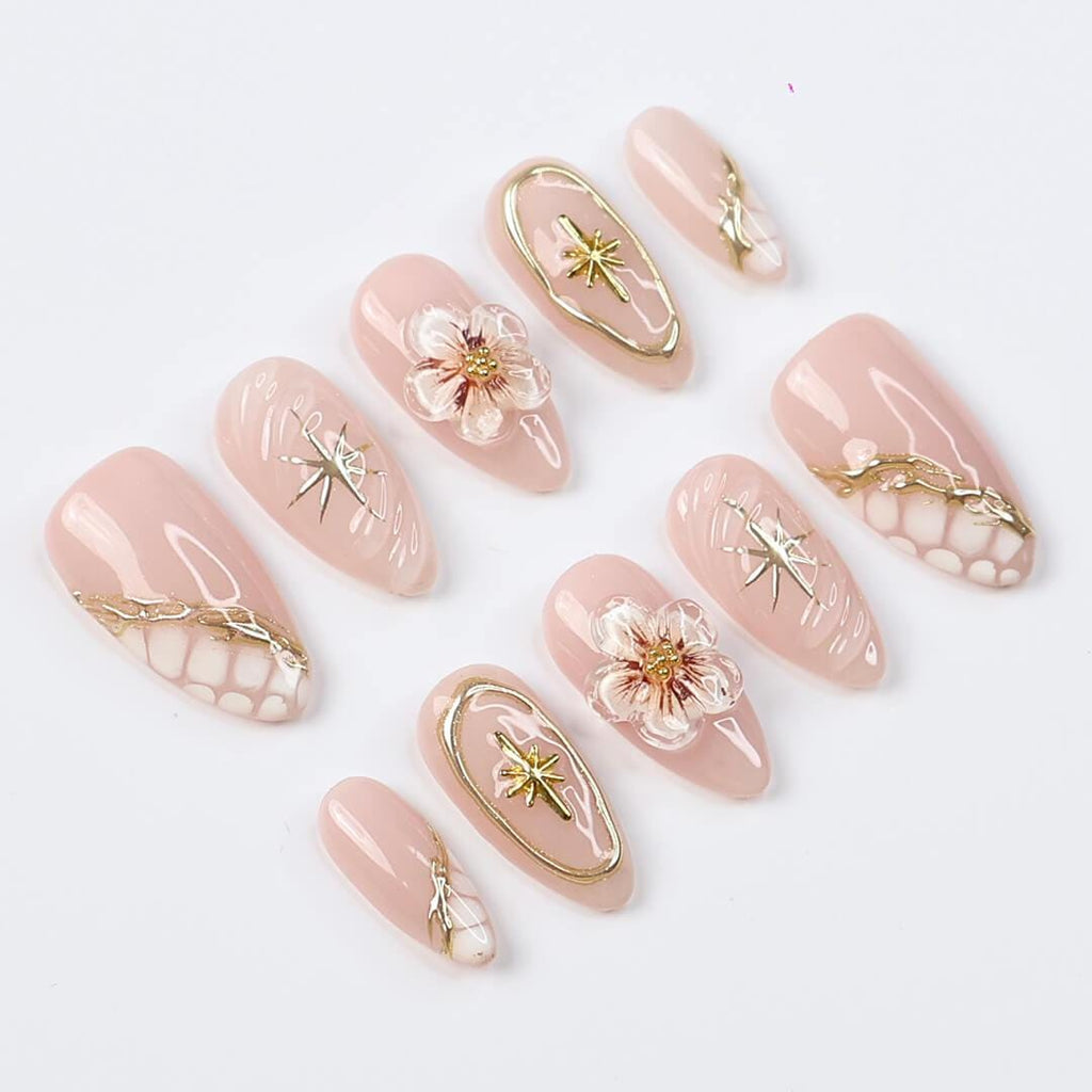 Nude Press On Nails | Gold Floral & Celestial Nails, 3D Flower Almond Fake Nails | Handmade Reusable Luxury Nail Set