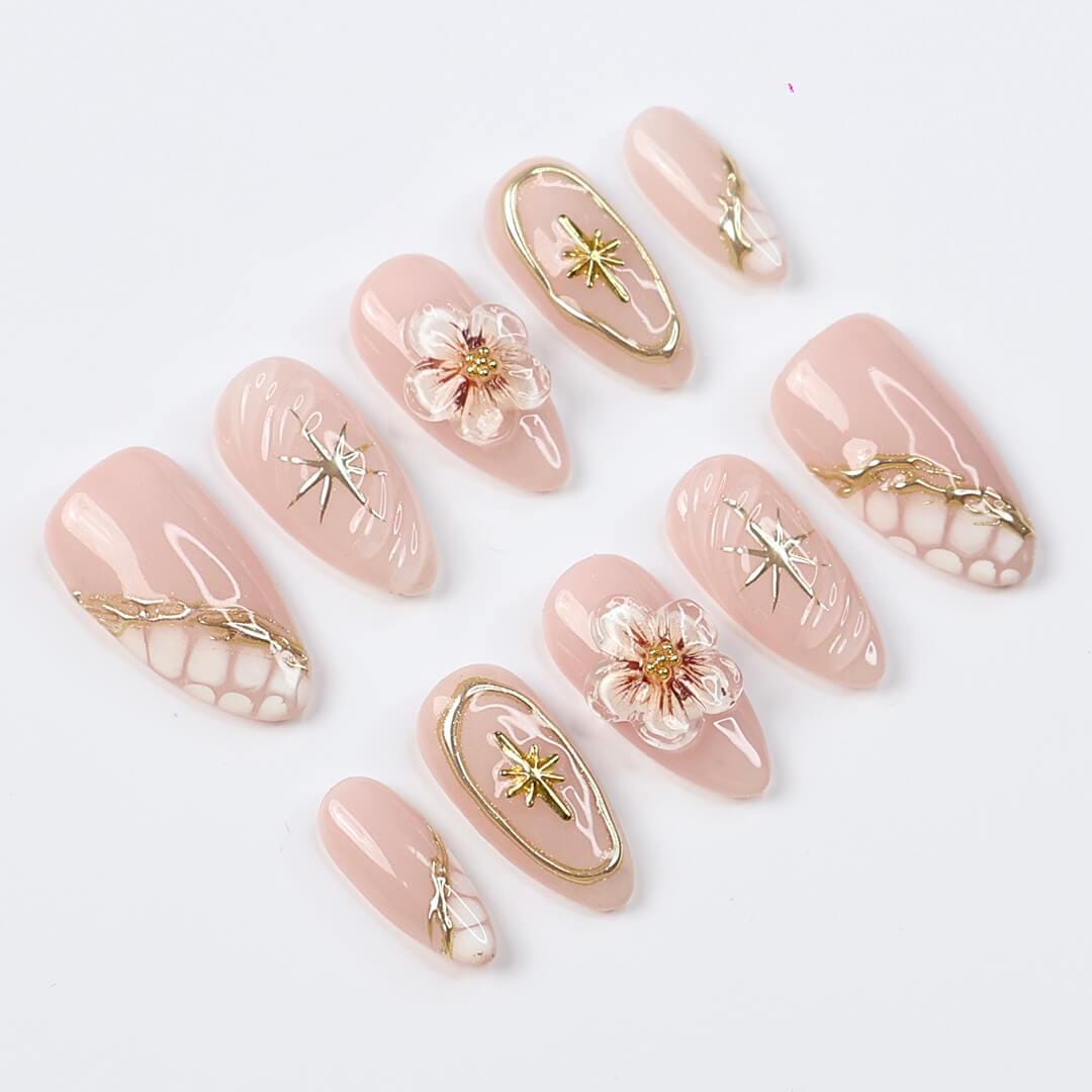 Nude Press On Nails | Gold Floral & Celestial Nails, 3D Flower Almond Fake Nails | Handmade Reusable Luxury Nail Set
