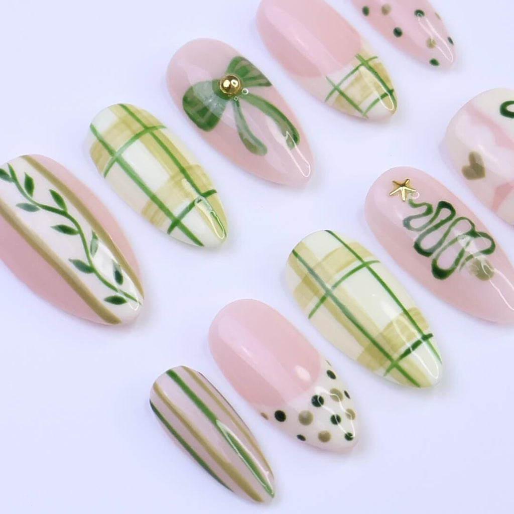 Christmas Press-On Nails with Green Plaid, Bow, Tree Designs | Medium Almond Fake Nail | Handmade Holiday Nail Art for Everyday Wear or Gift