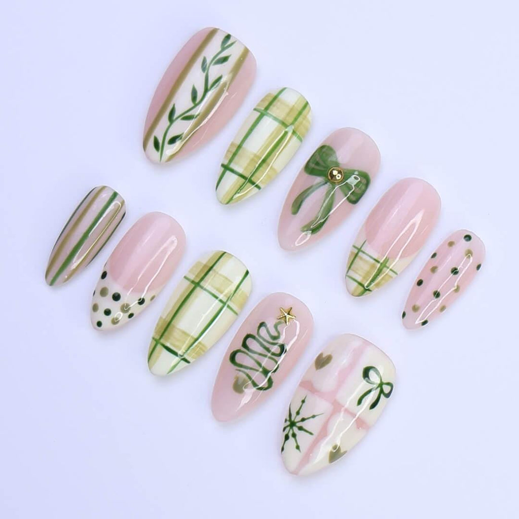 Christmas Press-On Nails with Green Plaid, Bow, Tree Designs | Medium Almond Fake Nail | Handmade Holiday Nail Art for Everyday Wear or Gift