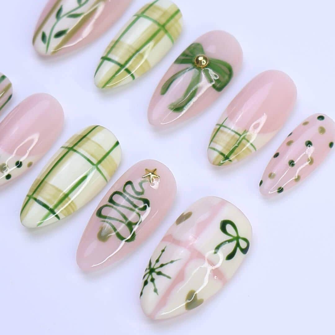 Christmas Press-On Nails with Green Plaid, Bow, Tree Designs | Medium Almond Fake Nail | Handmade Holiday Nail Art for Everyday Wear or Gift