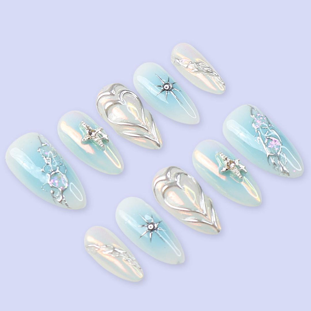 Blue Press On Nails | Opalescent Celestial with Silver Stars & 3D Heart | Almond Fake Nails | Handmade Nail Art for Valentine of Gifts