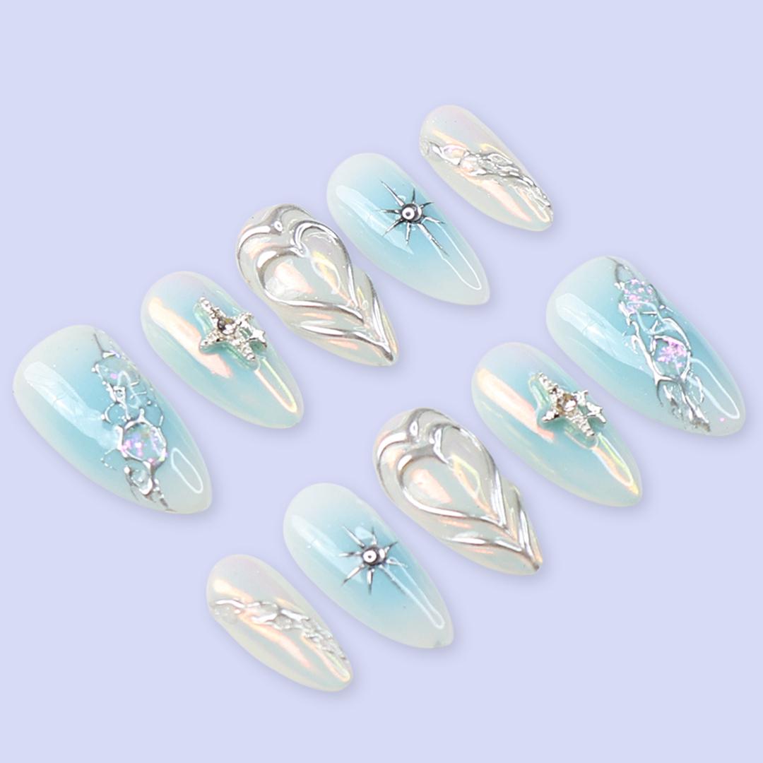 Blue Press On Nails | Opalescent Celestial with Silver Stars & 3D Heart | Almond Fake Nails | Handmade Nail Art for Valentine of Gifts
