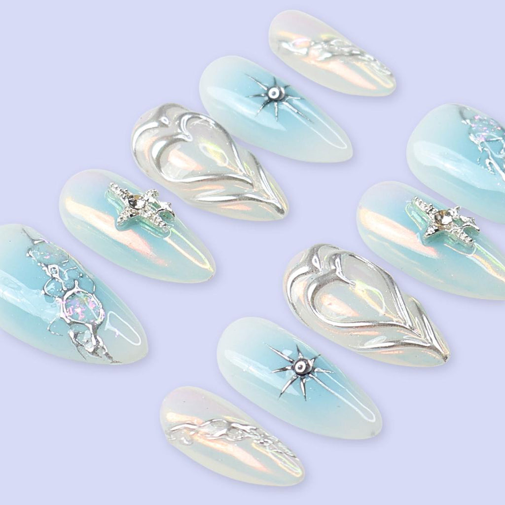 Blue Press On Nails | Opalescent Celestial with Silver Stars & 3D Heart | Almond Fake Nails | Handmade Nail Art for Valentine of Gifts