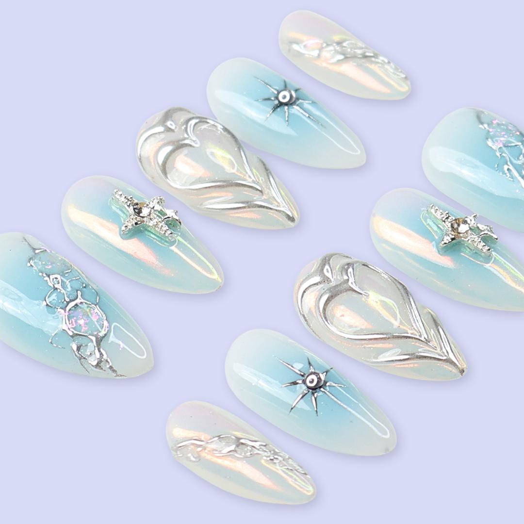 Blue Press On Nails | Opalescent Celestial with Silver Stars & 3D Heart | Almond Fake Nails | Handmade Nail Art for Valentine of Gifts
