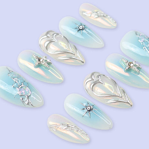 Blue Press On Nails | Opalescent Celestial with Silver Stars & 3D Heart | Almond Fake Nails | Handmade Nail Art for Valentine of Gifts