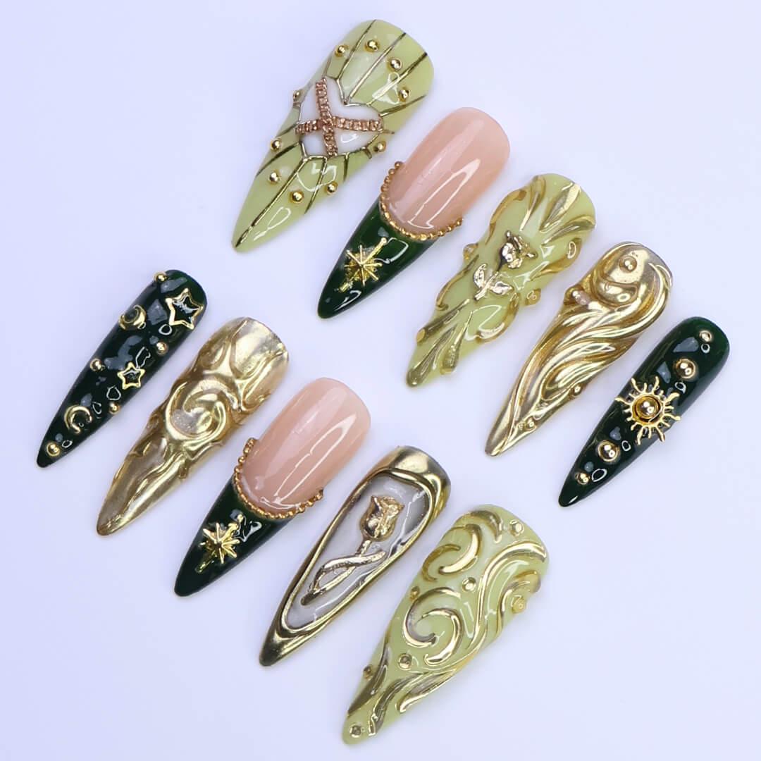 Luxury Green & Gold Press-On Nails with Baroque Swirl, Star, Moon Designs | Long Almond Fake Nails | Handmade Nail Art for Events or Gifts