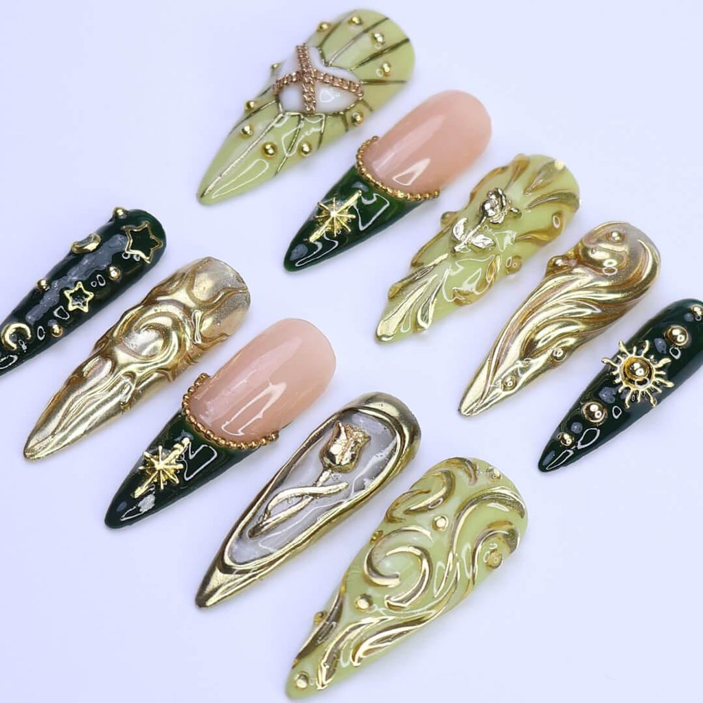Luxury Green & Gold Press-On Nails with Baroque Swirl, Star, Moon Designs | Long Almond Fake Nails | Handmade Nail Art for Events or Gifts