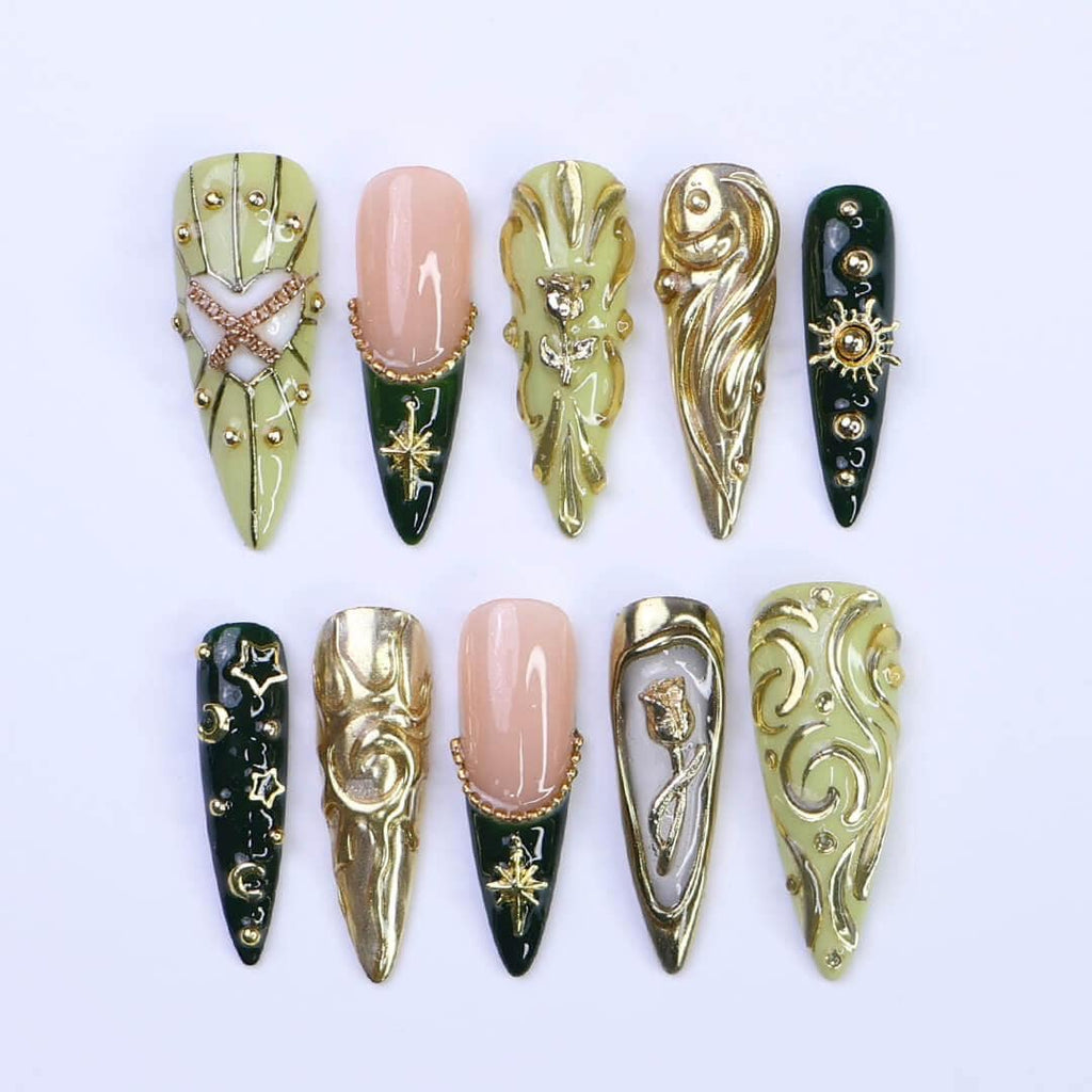 Luxury Green & Gold Press-On Nails with Baroque Swirl, Star, Moon Designs | Long Almond Fake Nails | Handmade Nail Art for Events or Gifts