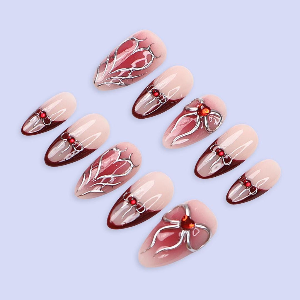 Valentine Press On Nails with Silver Bow & Heart and Red Accents | Medium Almond Fake Nails | Handmade Nail Art for Everyday Wear or Gift