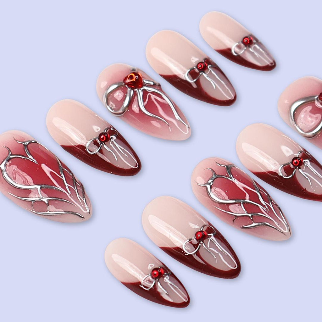 Valentine Press On Nails with Silver Bow & Heart and Red Accents | Medium Almond Fake Nails | Handmade Nail Art for Everyday Wear or Gift