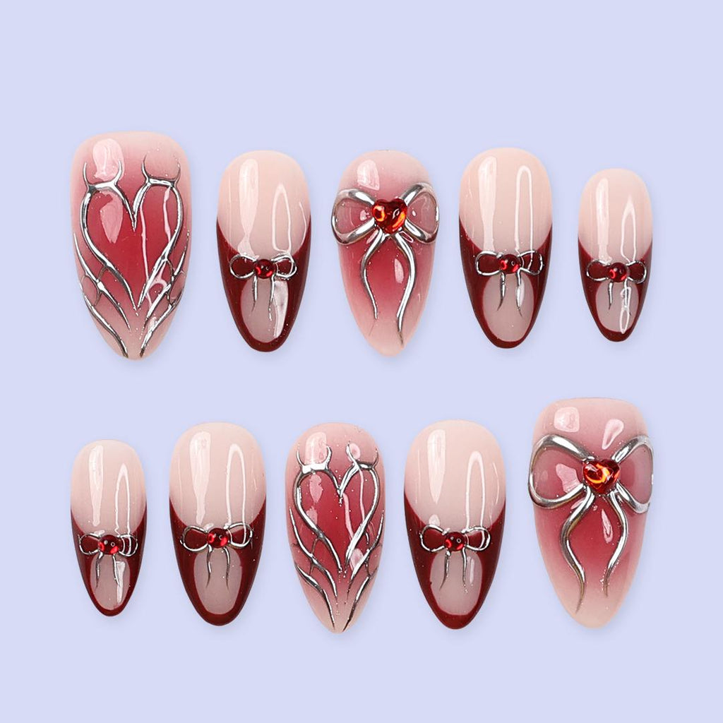 Valentine Press On Nails with Silver Bow & Heart and Red Accents | Medium Almond Fake Nails | Handmade Nail Art for Everyday Wear or Gift