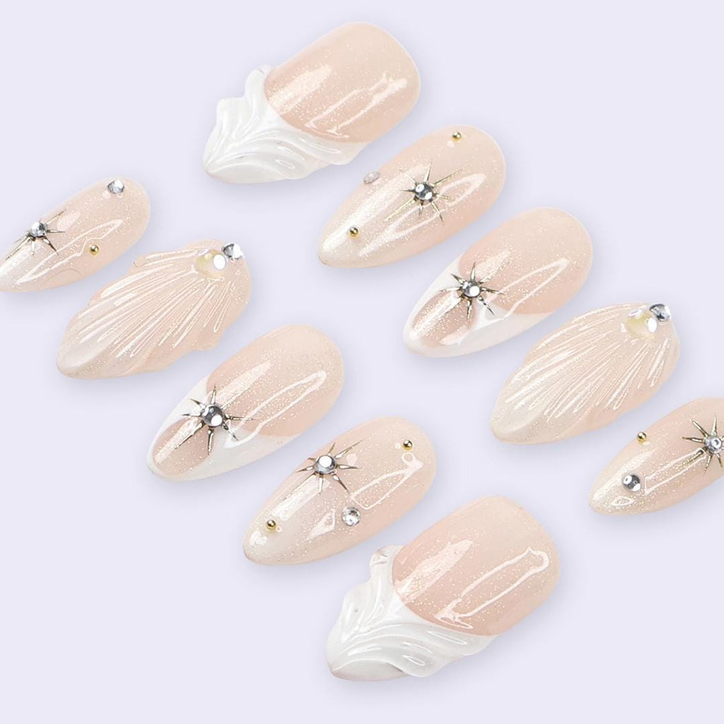 Nude Champagne Press On Nails | Celestial Star & 3D Sculpted Detail | Medium Almond Fake Nails | Handmade Nail Art for Gift or Everyday Wear