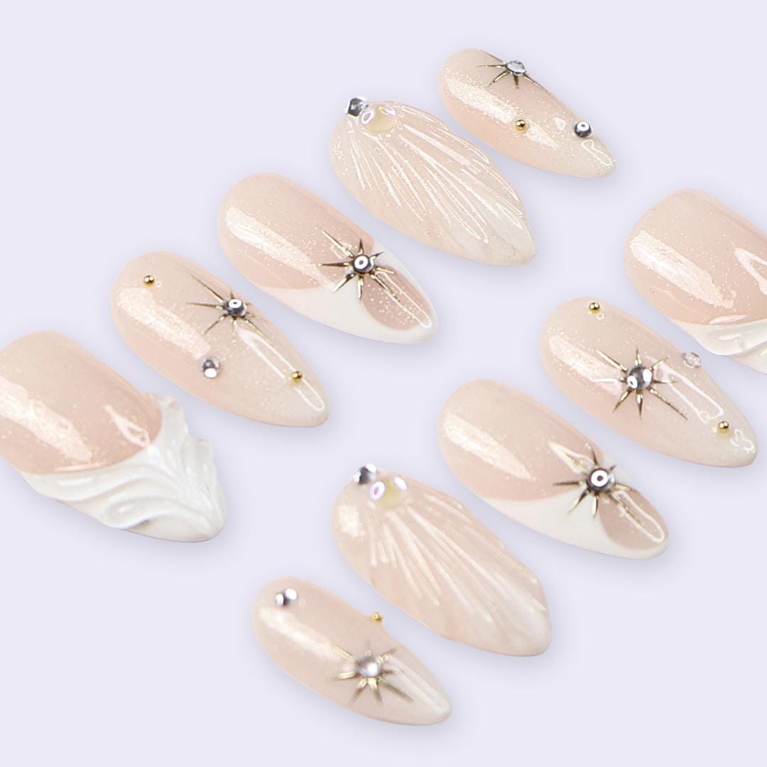 Nude Champagne Press On Nails | Celestial Star & 3D Sculpted Detail | Medium Almond Fake Nails | Handmade Nail Art for Gift or Everyday Wear