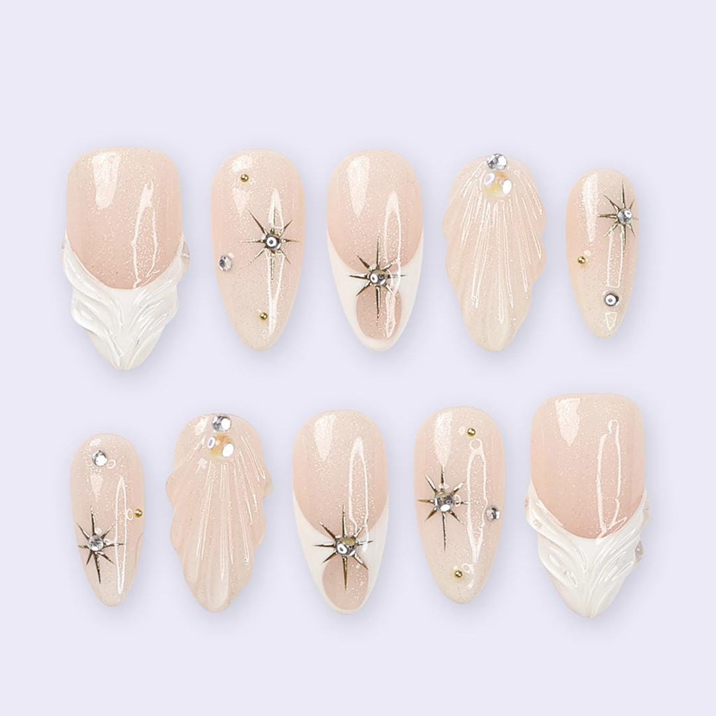 Nude Champagne Press On Nails | Celestial Star & 3D Sculpted Detail | Medium Almond Fake Nails | Handmade Nail Art for Gift or Everyday Wear