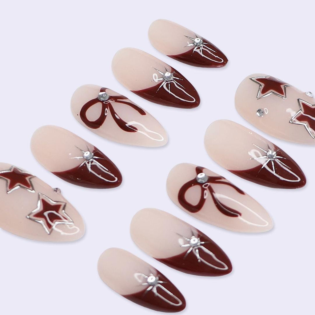 Minimal Red Press On Nails | Nude Base with Bow & Star Design | Almond Fake Nails | Handmade Nail Art for Everyday Wear or Gift