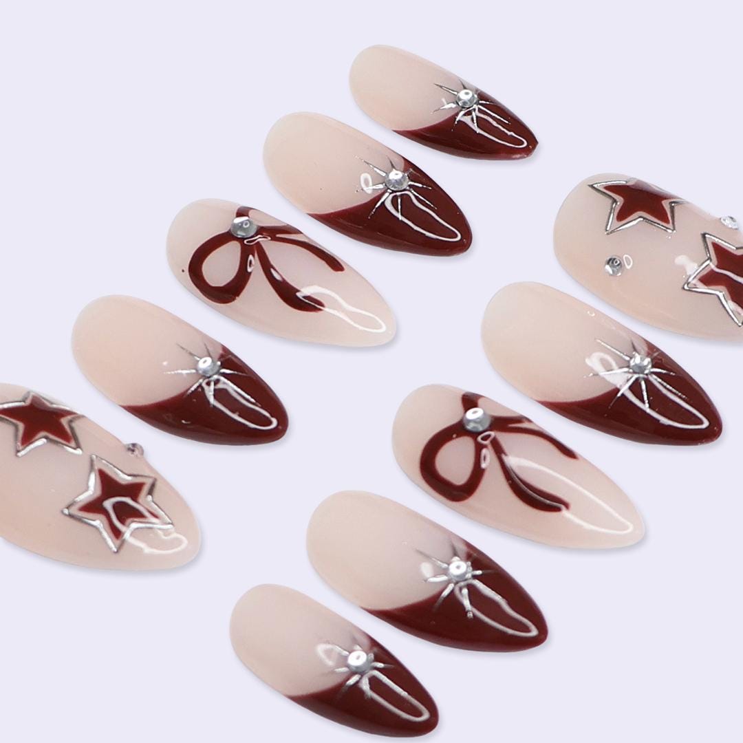 Minimal Red Press On Nails | Nude Base with Bow & Star Design | Almond Fake Nails | Handmade Nail Art for Everyday Wear or Gift