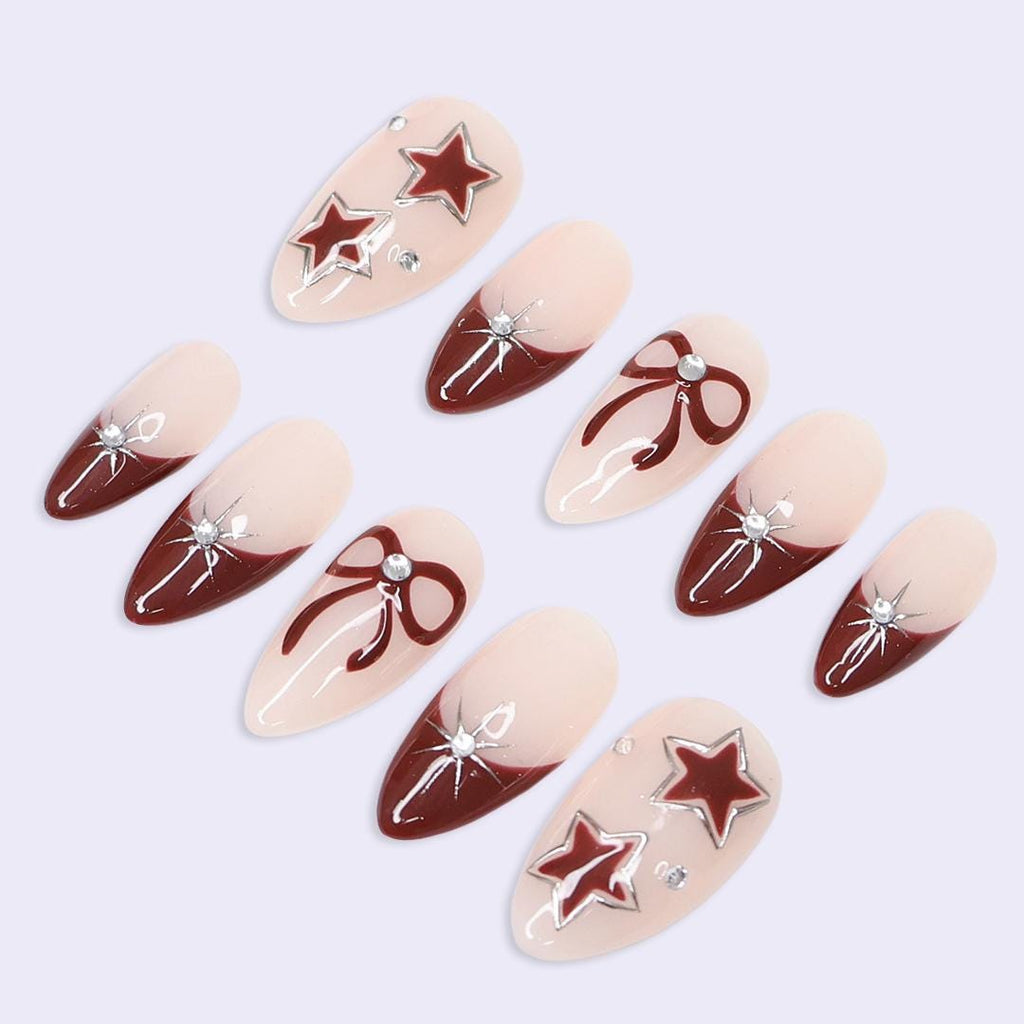 Minimal Red Press On Nails | Nude Base with Bow & Star Design | Almond Fake Nails | Handmade Nail Art for Everyday Wear or Gift