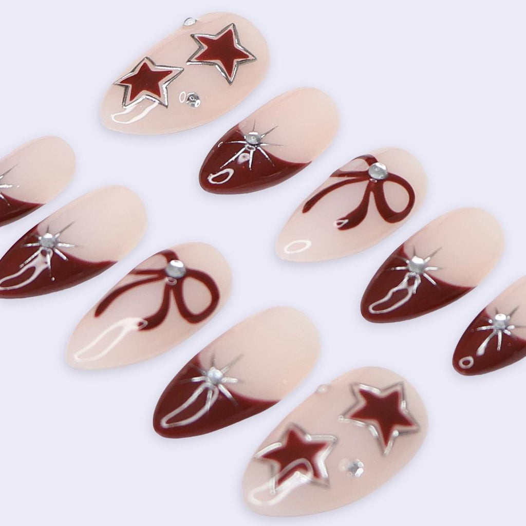 Minimal Red Press On Nails | Nude Base with Bow & Star Design | Almond Fake Nails | Handmade Nail Art for Everyday Wear or Gift