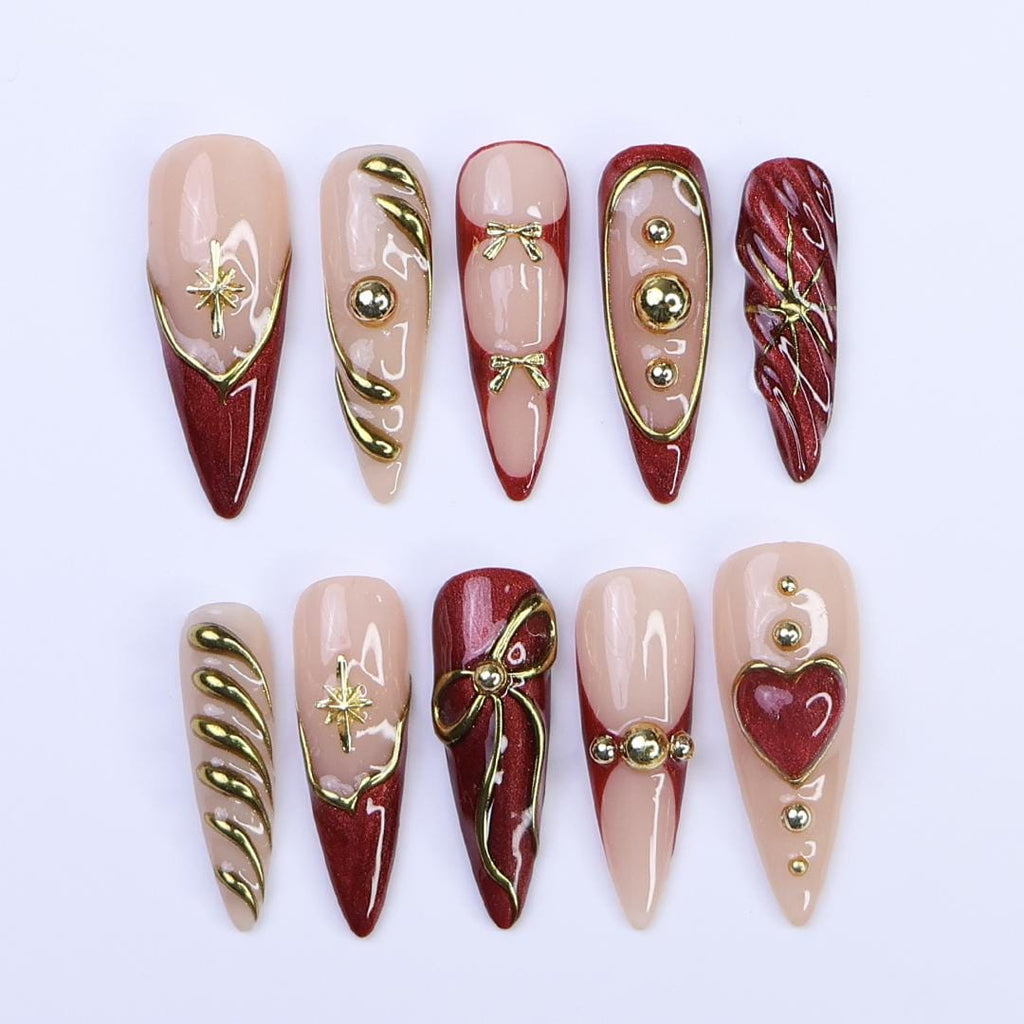 Christmas Red Press-On Nails with Gold Ribbon & Heart Designs | Long Stiletto Fake Nails | Handmade Holiday Luxury Nail Art