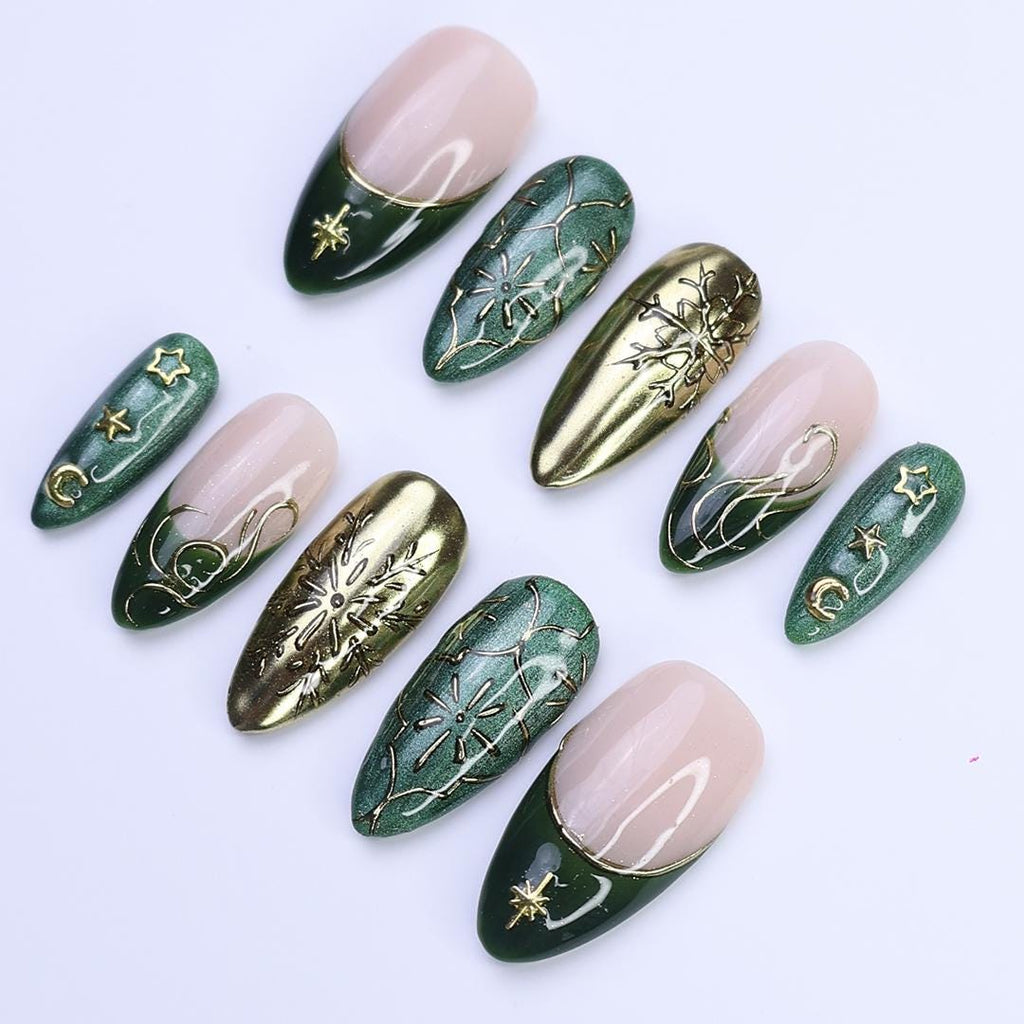 Christmas Press-On Nails in Green & Gold with Snowflake, Star and Moon Designs | Medium Almond Fake Nails | Handmade Holiday Nail Art