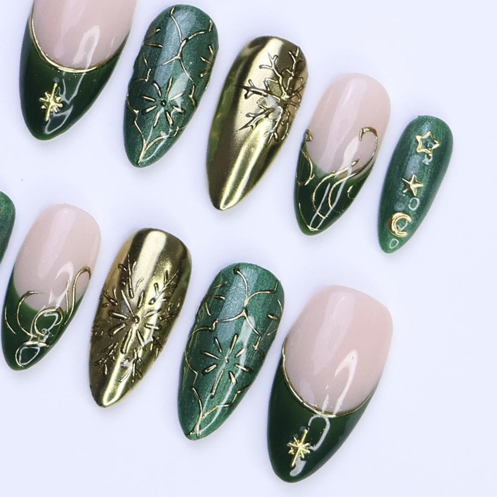 Christmas Press-On Nails in Green & Gold with Snowflake, Star and Moon Designs | Medium Almond Fake Nails | Handmade Holiday Nail Art
