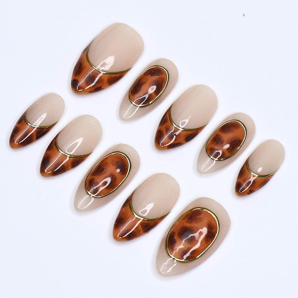 Tortoiseshell Press On Nails | Nude Brown Marble with Gold Outline | Short Almond Fake Nails | Handmade Nail Art for Everyday Wear