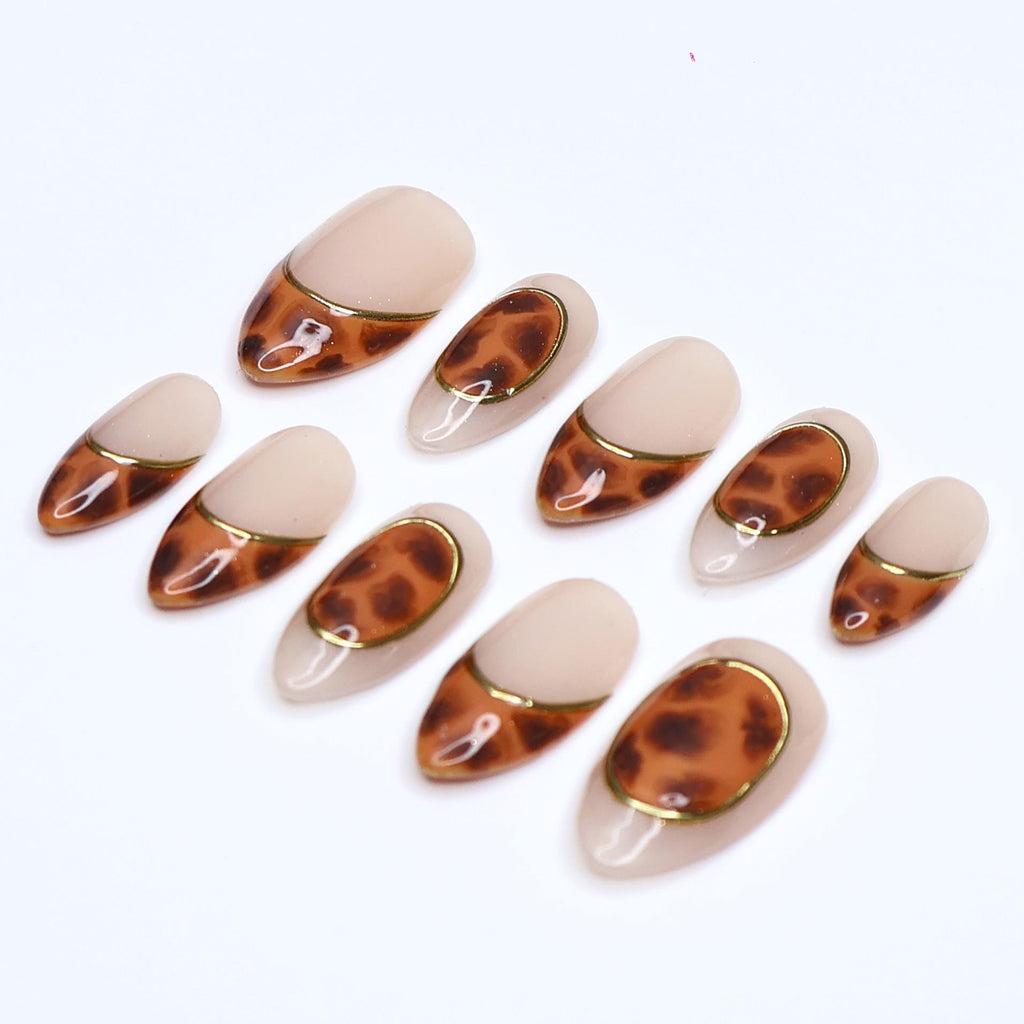 Tortoiseshell Press On Nails | Nude Brown Marble with Gold Outline | Short Almond Fake Nails | Handmade Nail Art for Everyday Wear