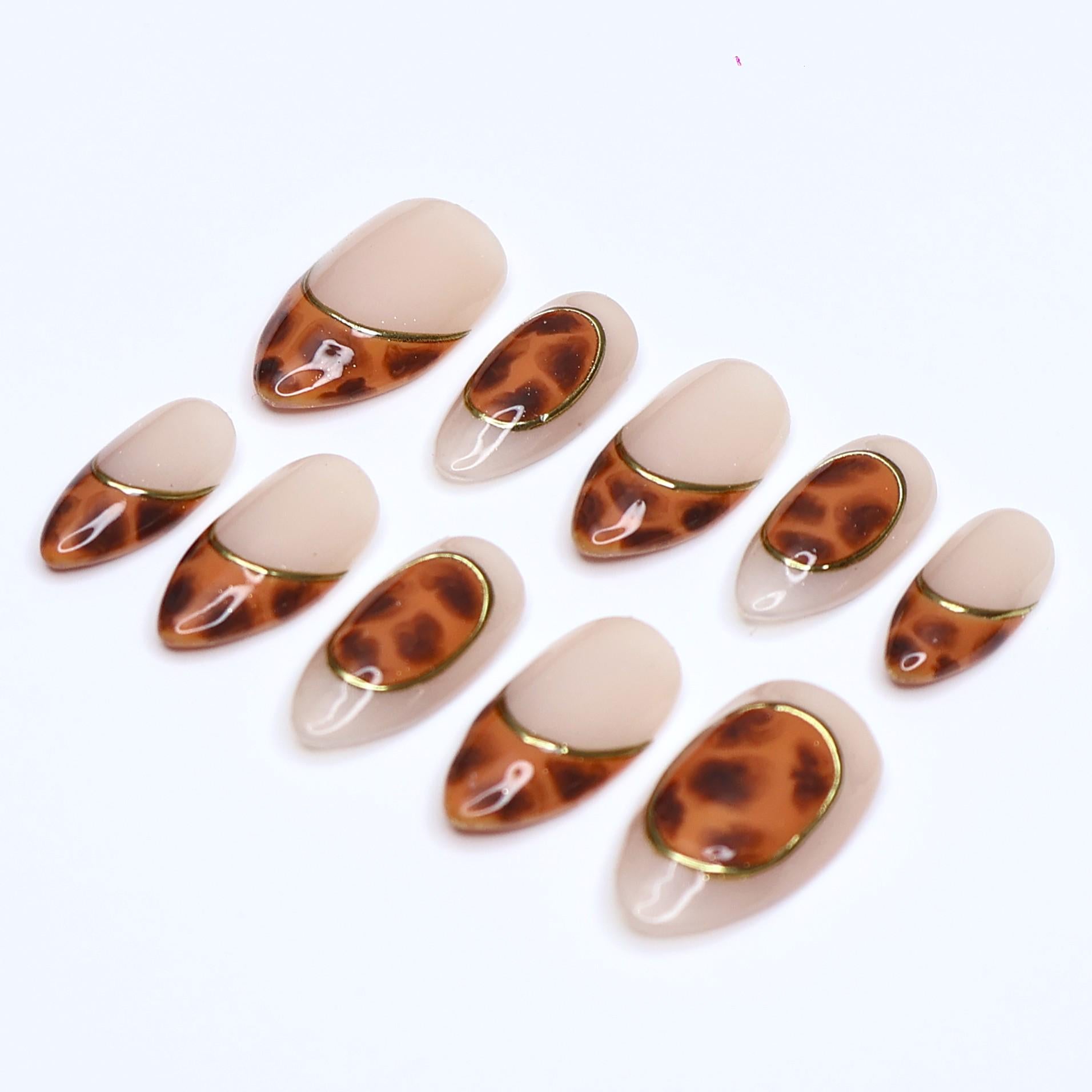Tortoiseshell Press On Nails | Nude Brown Marble with Gold Outline | Short Almond Fake Nails | Handmade Nail Art for Everyday Wear