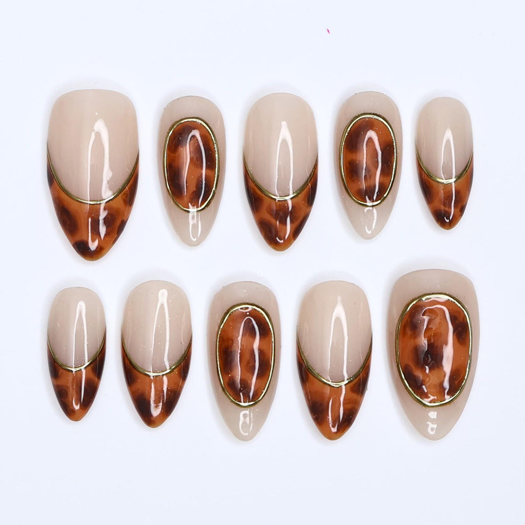 Tortoiseshell Press On Nails | Nude Brown Marble with Gold Outline | Short Almond Fake Nails | Handmade Nail Art for Everyday Wear