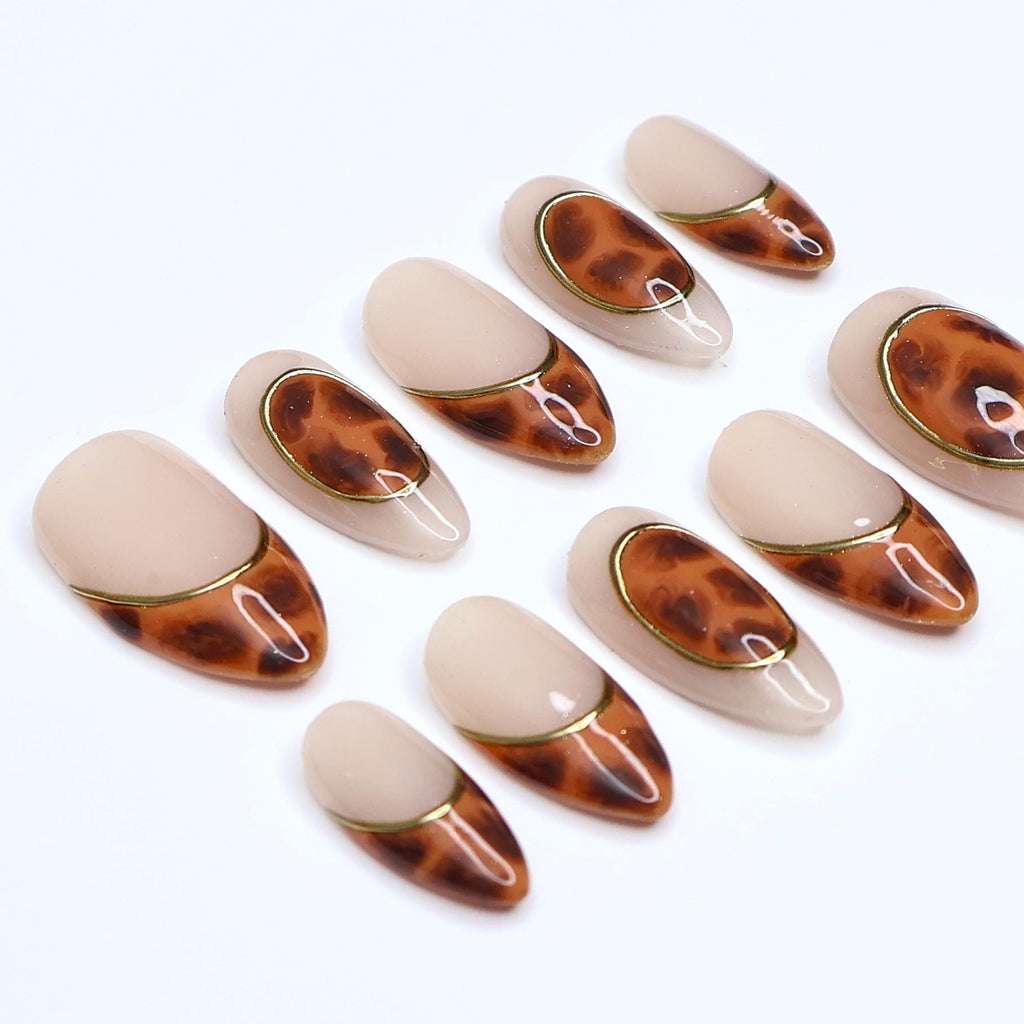 Tortoiseshell Press On Nails | Nude Brown Marble with Gold Outline | Short Almond Fake Nails | Handmade Nail Art for Everyday Wear