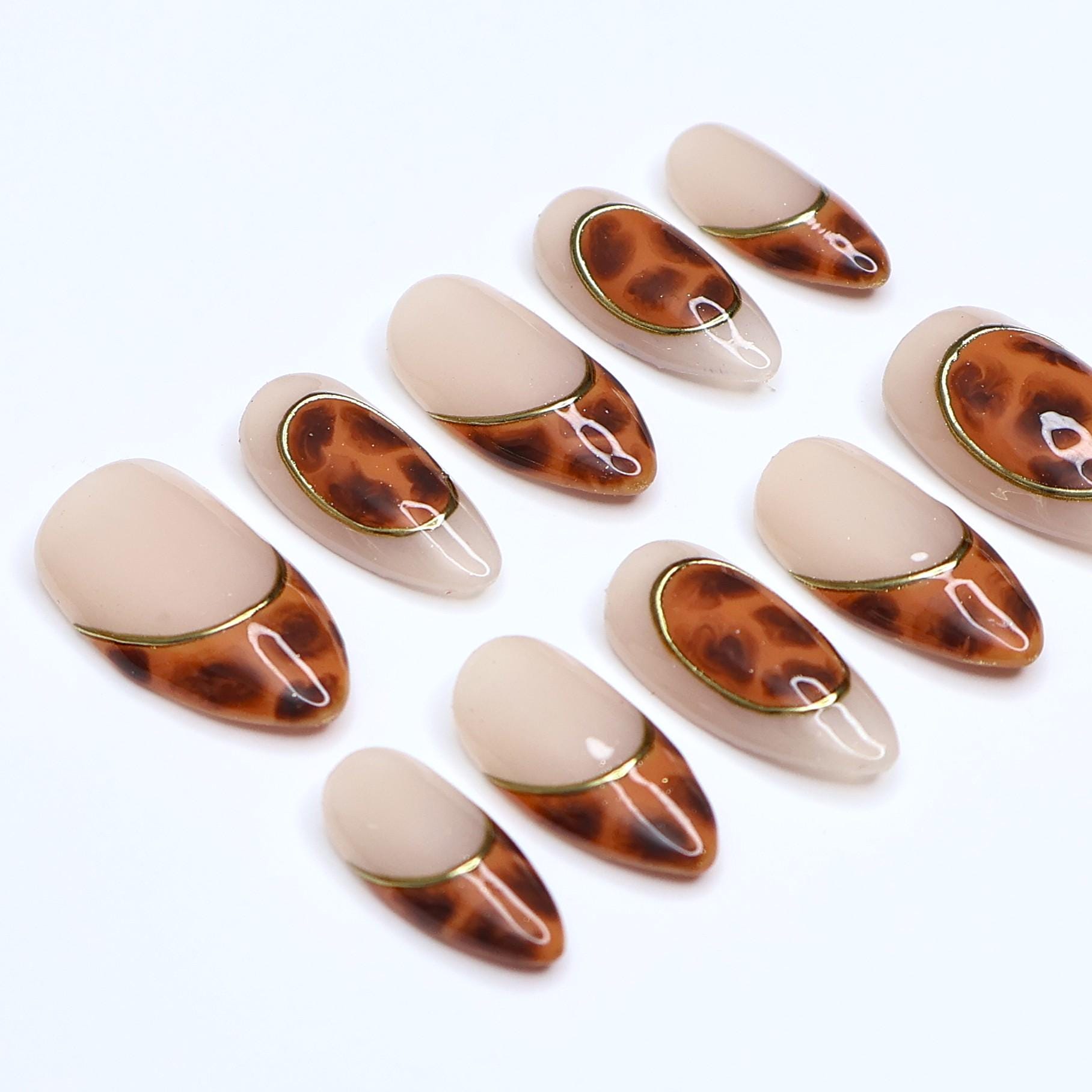 Tortoiseshell Press On Nails | Nude Brown Marble with Gold Outline | Short Almond Fake Nails | Handmade Nail Art for Everyday Wear