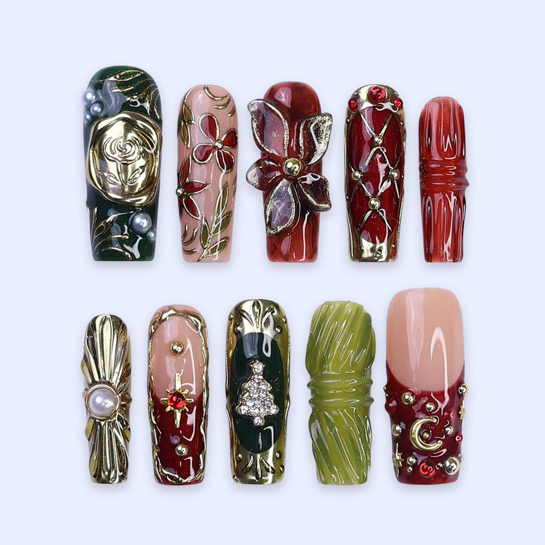Christmas Press-On Nails with 3D Flowers, Christmas Tree & Celestial | Long Square Fake Nails | Handmade Luxury Holiday Nail Art