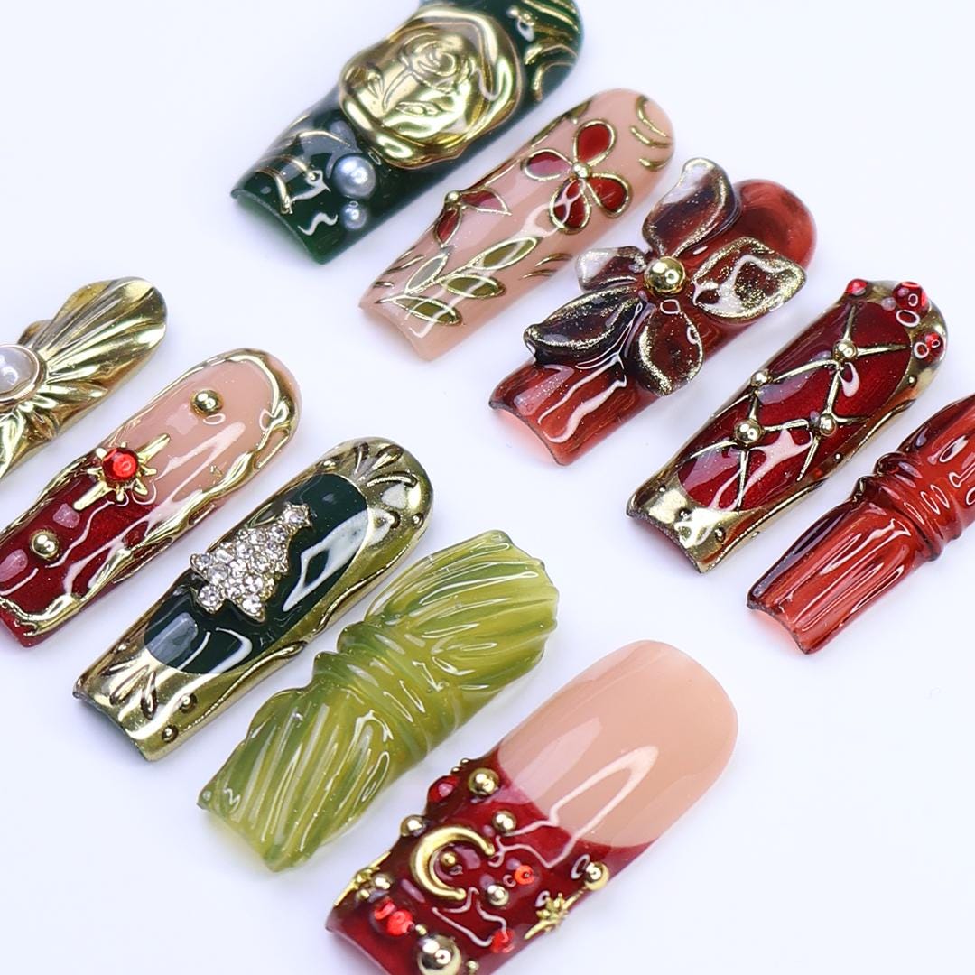 Christmas Press-On Nails with 3D Flowers, Christmas Tree & Celestial | Long Square Fake Nails | Handmade Luxury Holiday Nail Art