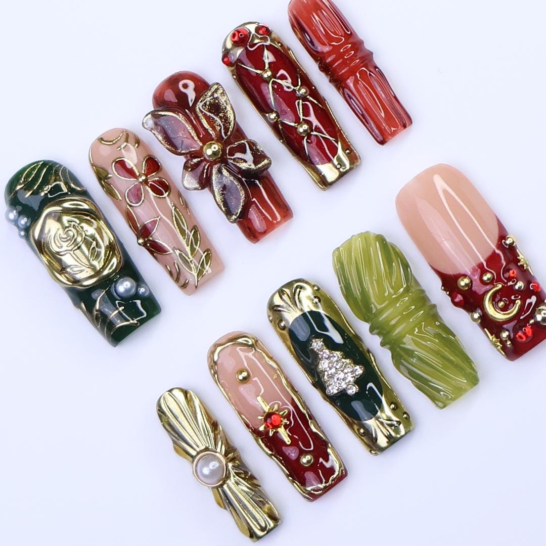 Christmas Press-On Nails with 3D Flowers, Christmas Tree & Celestial | Long Square Fake Nails | Handmade Luxury Holiday Nail Art